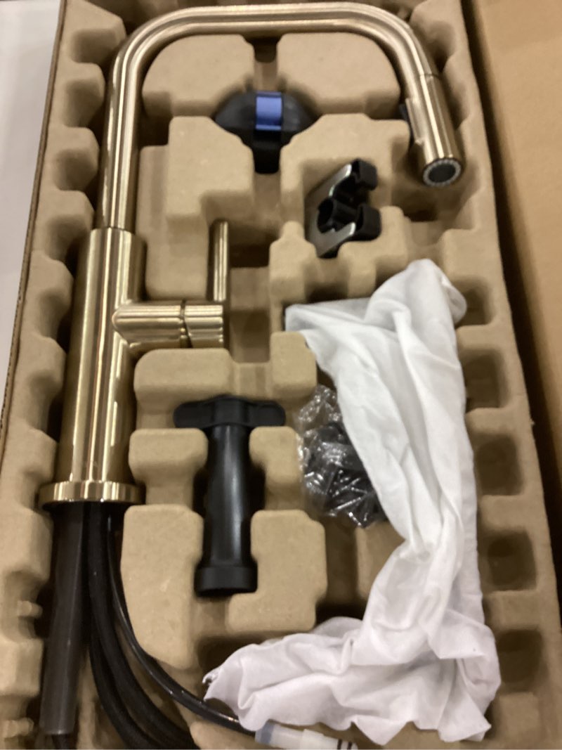 Delta Nicoli Brushed Gold U-Spout Kitchen Faucet with Pull Down Sprayer, Modern Single Hole Kitchen 