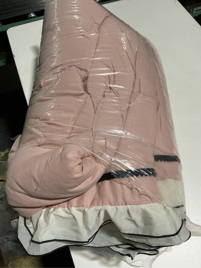 Condition photo showing As Is for Herside Pink Comforter Set Queen Size,Ruffle Pompoms Chic French Style Bedding Sets,Fluffy Coquette Comforters Sets for All Season,Vintage Ruffled Lightweight Quilt Set for Women Girls Room Decor Pink Queen