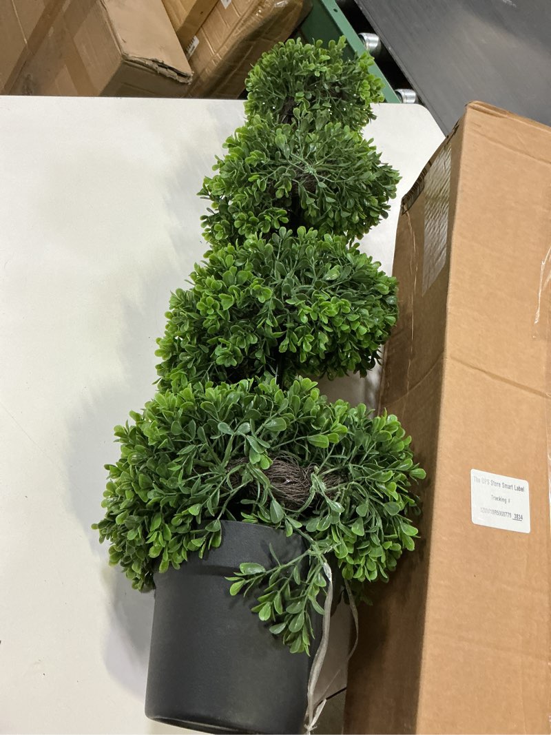 Condition photo showing As Is for 1 pieces artificial plants spiral topiary trees,3ft fake tree faux plant with pot base,porch?garden and indoor decor black