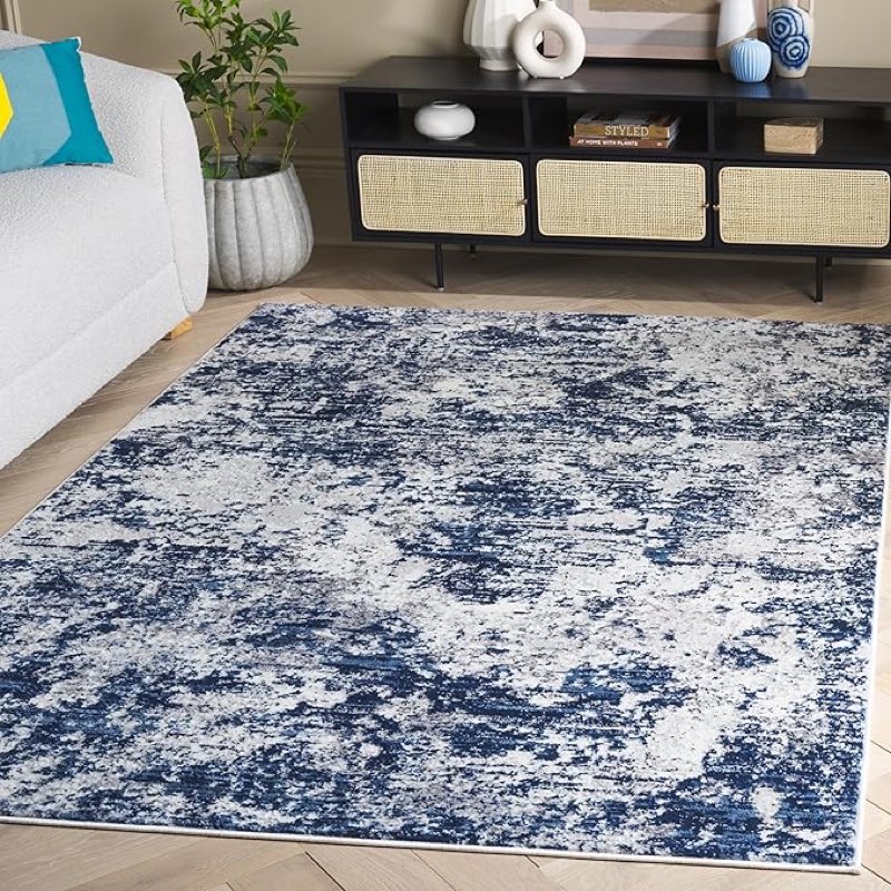 safavieh amelia collection area rug - 6'7" square, ivory and navy, modern abstract design, non-shedding and easy care, ideal for high-traffic living room areas