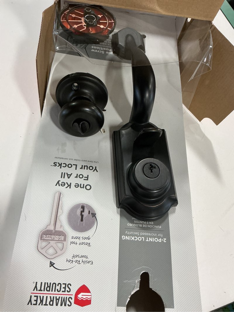 Condition photo showing As Is for Kwikset Montara Front Door Lock Handle and Deadbolt Set, Entry Handleset Exterior with Interior Door Knob, Venetian Bronze, Pick Resistant SmartKey Rekey Deadbolt Security