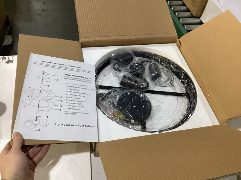 Condition photo showing New/Like New for Farmhouse Semi Flush Mount Ceiling Light, 3-Light Black Metal Cage Rustic Chandelier, Industrial Pendant Lighting for Hallway, Bedroom, Kitchen, Foyer, Living Room, Dining Room, Entryway Black Ceiling Cage 3-Lights