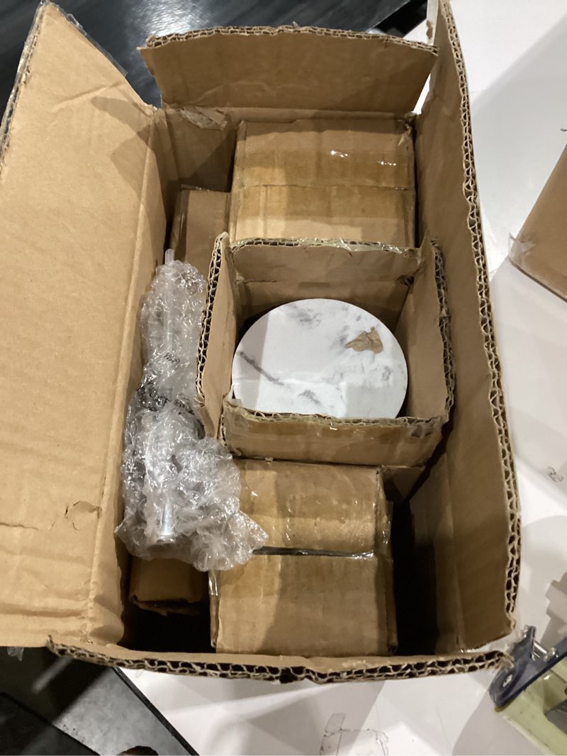 Condition photo showing As Is for Bathroom Accessories Set, 6-Piece Bathroom Accessory Set, Toothbrush Holders Set, Soap Dispenser, Vanity Tray, Tumbler, Cotton Swab Jars, Bathroom Organizer for Modern Bathrooms (Marble White)