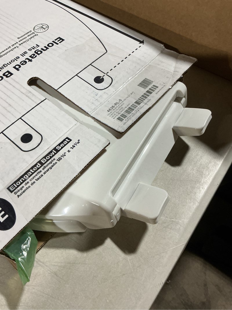 Condition photo showing As Is for KOHLER 4636-RL-0 Cachet ReadyLatch Elongated Toilet Seat Slow Close, Soft Close Toilet Seat Quiet Lid, Contoured Grip-Tight Bumpers Installation Hardware, Apartment Essentials, White White Elongated Ready Latch