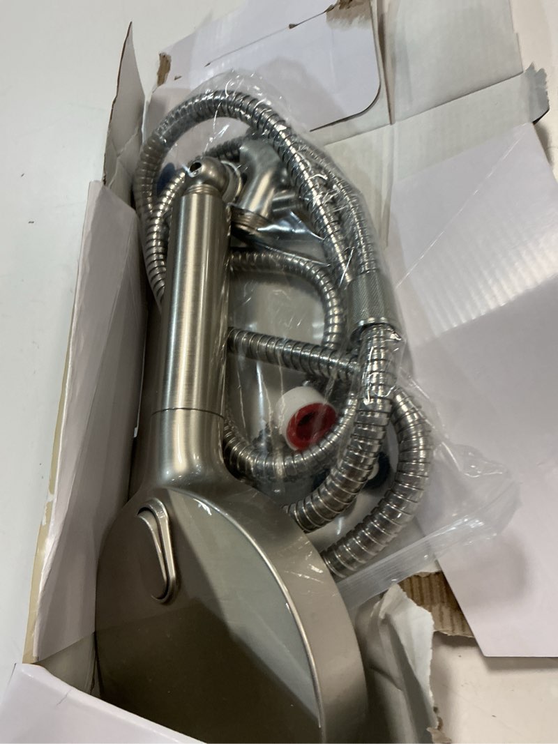 Condition photo showing As Is for allen + roth kensley 9 -spray brushed nickel 5.9-in round filtered handheld shower head 1.8 gpm
