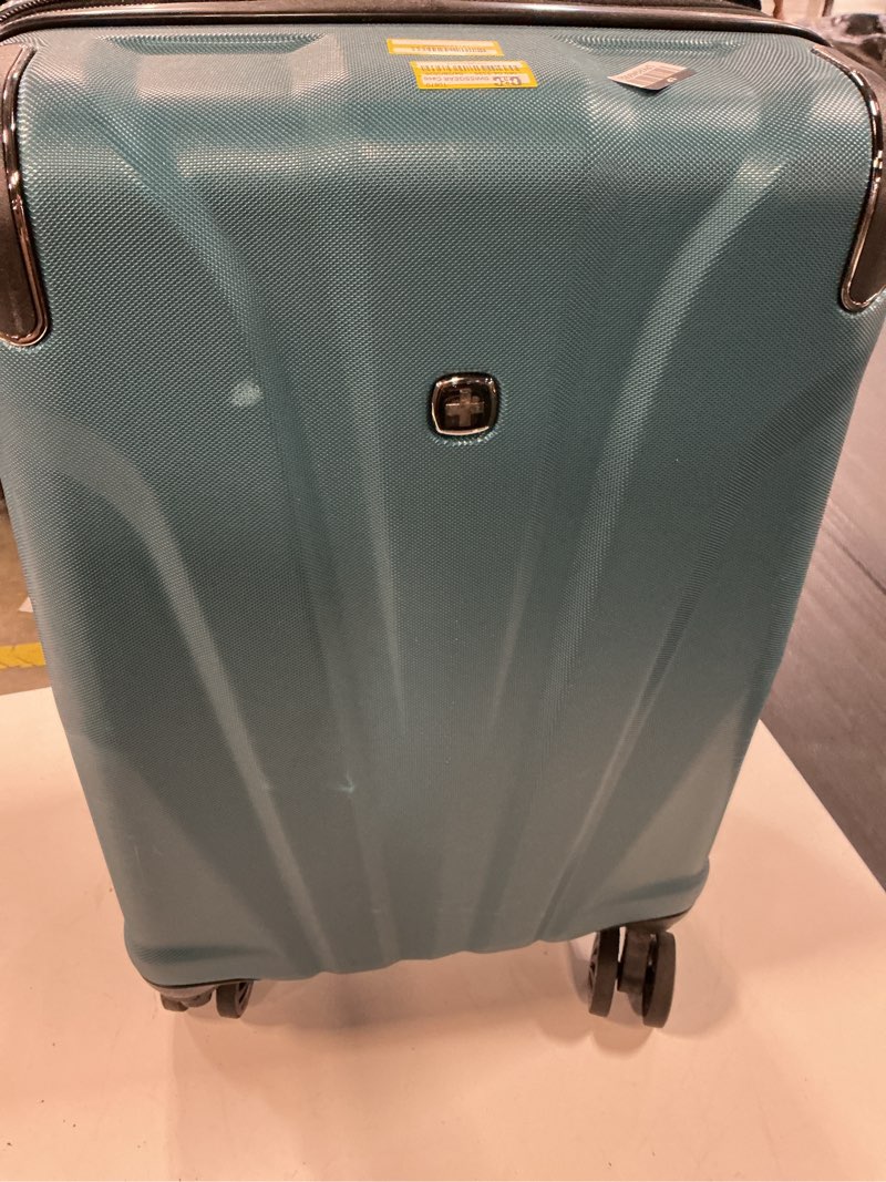 Condition photo showing As Is for swissgear cascade hardside medium checked suitcase - teal: 8-wheel, adjustable handle 19”