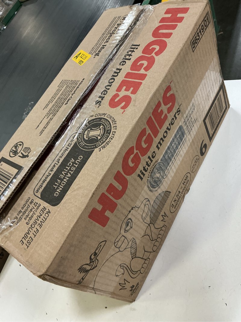Condition photo showing New/Like New for huggies size 6 diapers, little movers baby diapers, size 6 (35+ lbs), 108 count (2 packs of 54), packaging may vary