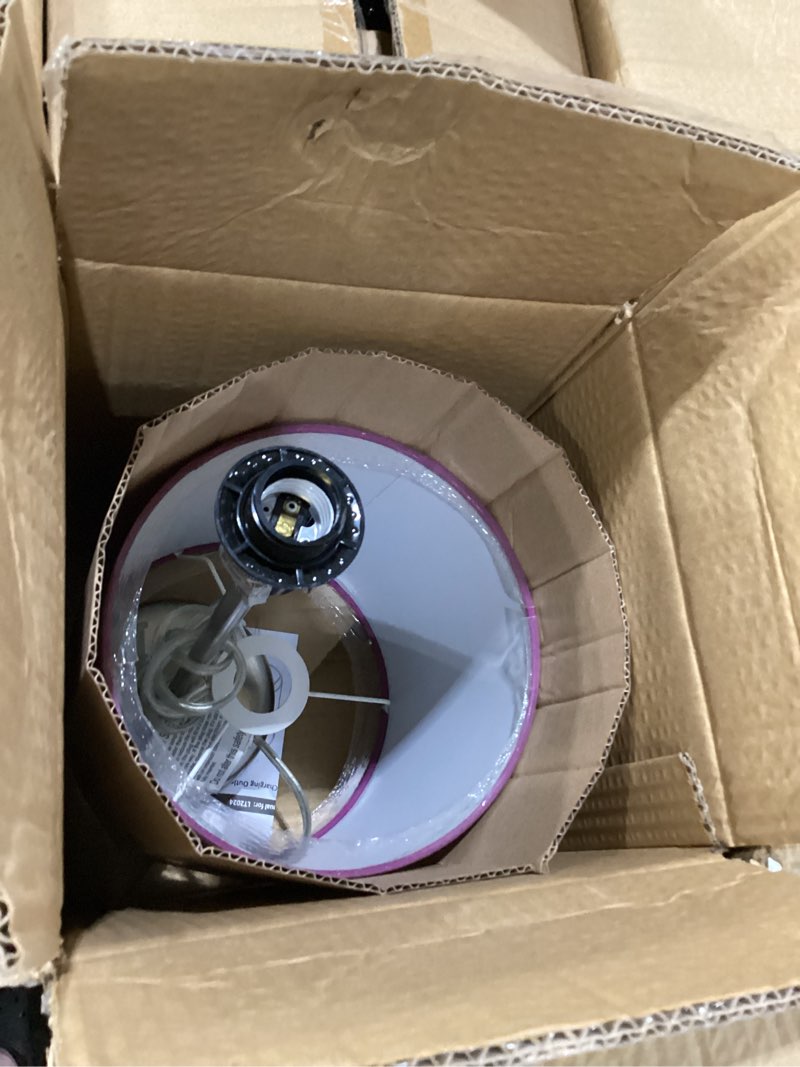 Condition photo showing As Is for used simple designs lt1144-prp-2pk 19.5\" 2-pack sleek and slender brushed steel table lamp with charging outlet, for bedroom, living room, entryway, office, dining room, study, purple shades 8.5\" w x 8.5\" d x 19.5\" h brushed steel/purple shadee