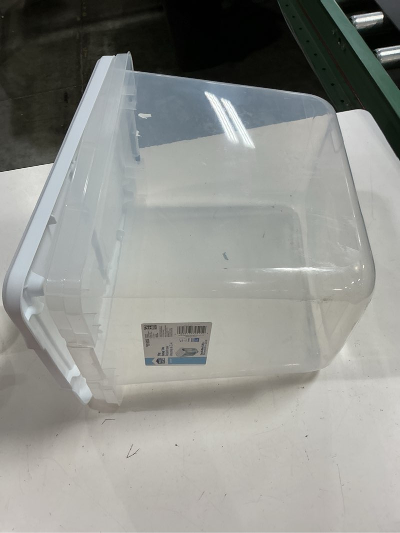 Condition photo showing As Is for project source medium 7.25-gallons (29-quart) clear, white tote with latching lid