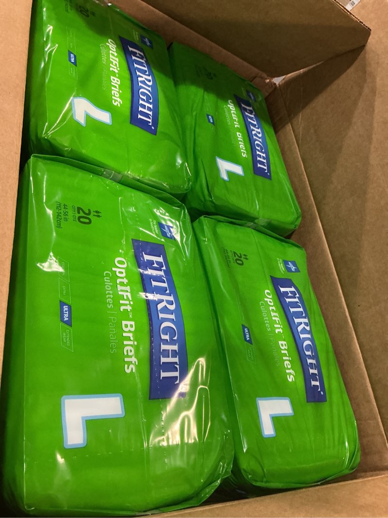 Condition photo showing New/Like New for fitright optifit extra+ adult diapers with leak stop guards, disposable incontinence briefs with tabs, moderate absorbency, large, 44"-56", 20 count (pack of 4)