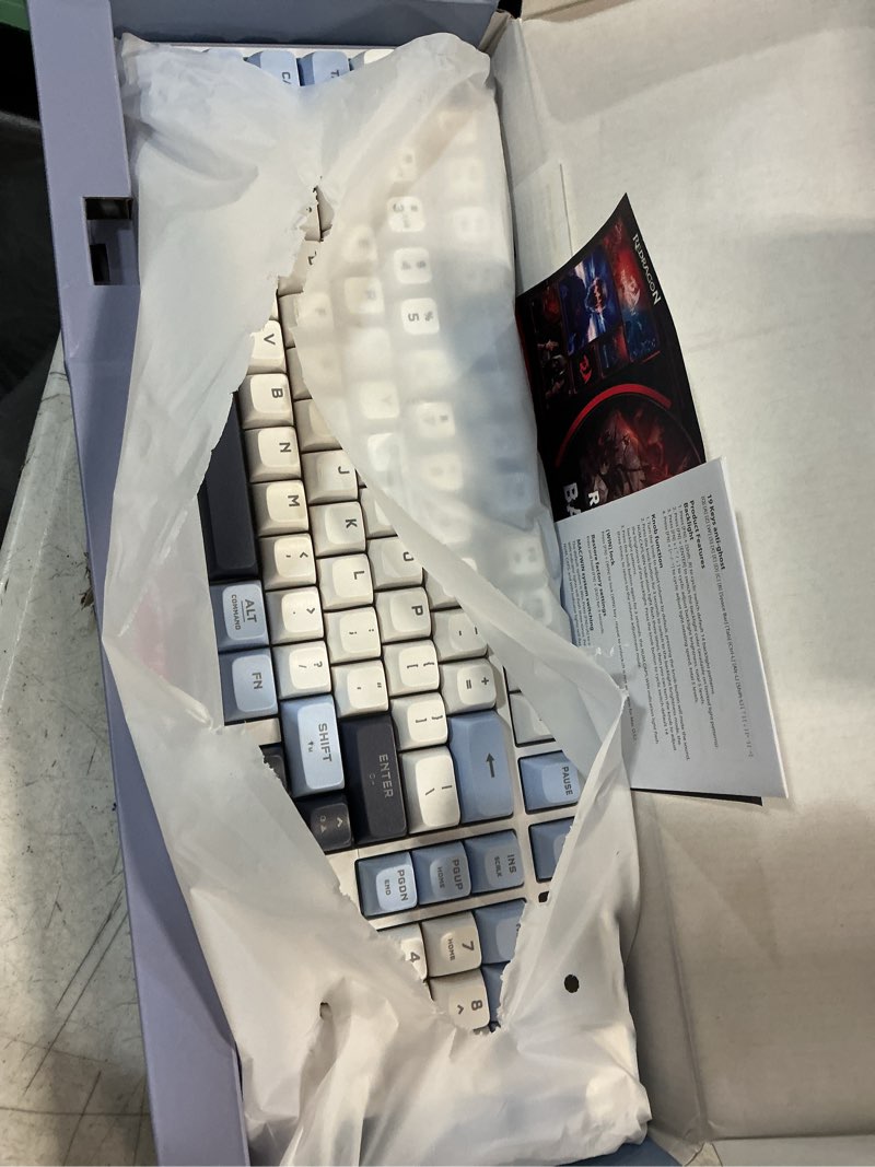 Condition photo showing As Is for redragon wireless gaming keyboard, 98-key tri-mode (bt/2.4g/wired) rgb computer keyboard with knob & display, fade-resistant pbt keycaps & 4000mah battery, compatible with windows/mac - white blue