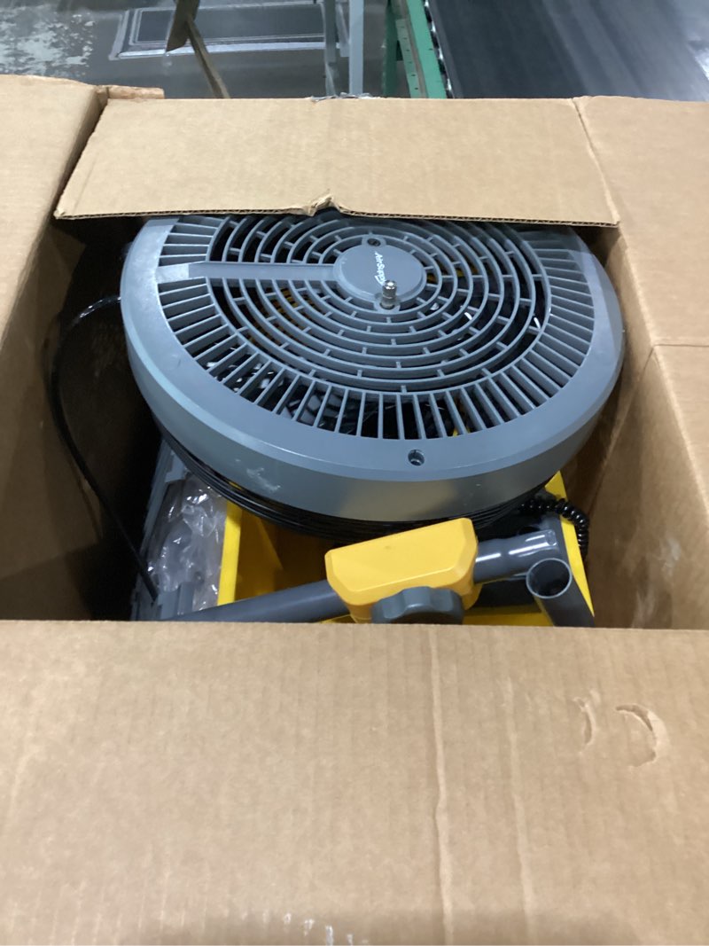 Condition photo showing As Is for turbro cordless misting fan with 19,200mah rechargeable battery, portable floor fan with 2.9 gal water tank and pump, 120° oscillation, 15ft mist range, for outdoor sports, poolside, barbeque, camping