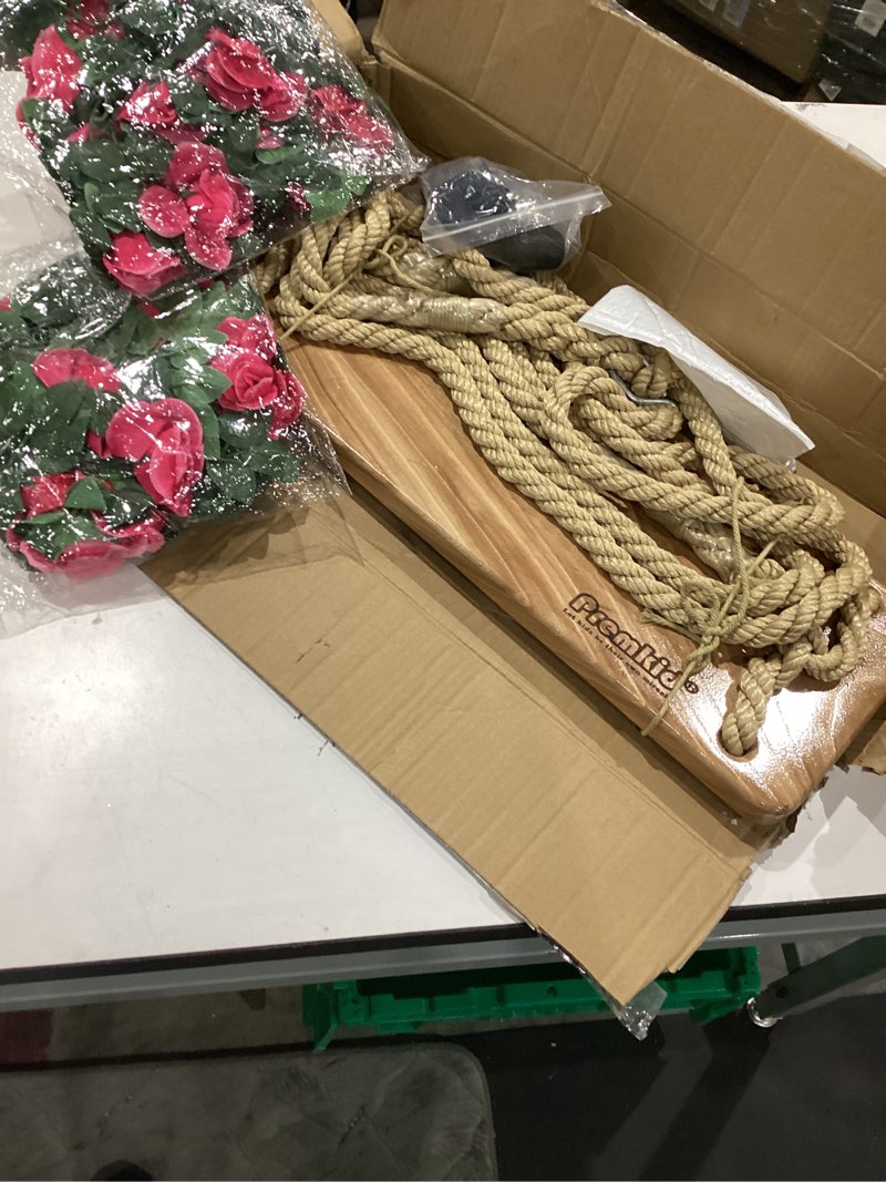 Condition photo showing Good Condition for hanging wooden swing, 24"x 8"x 1.2" tree swing for adults kids, adjustable thick nylon rope plus tree straps 10.61ft, wood swing set with rose garland for indoor & outdoor