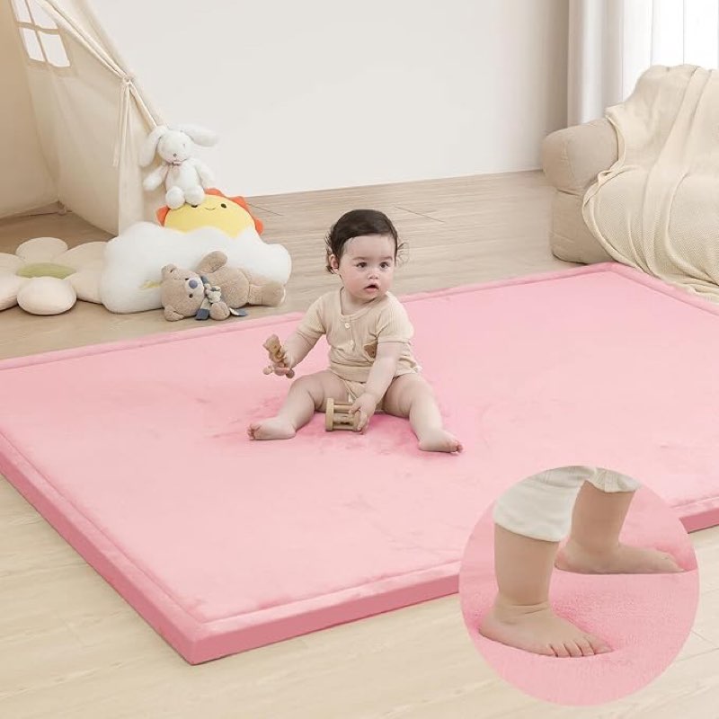 extra large 79"x118" baby activity play mat for floor, 1.3" thick elasti foam for tummy time & crawling, non-slip nursery rug for infants, toddlers & kids, tatami style mat for yoga, living room, classroom & playroom(pink)