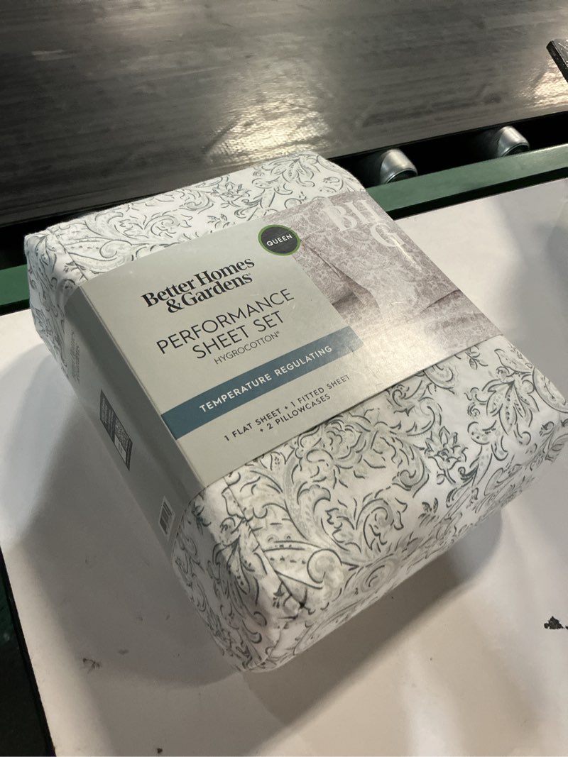 Condition photo showing New/Like New for better homes & gardens 4-piece 400 thread count paisley taupe performance bed sheet set, queen