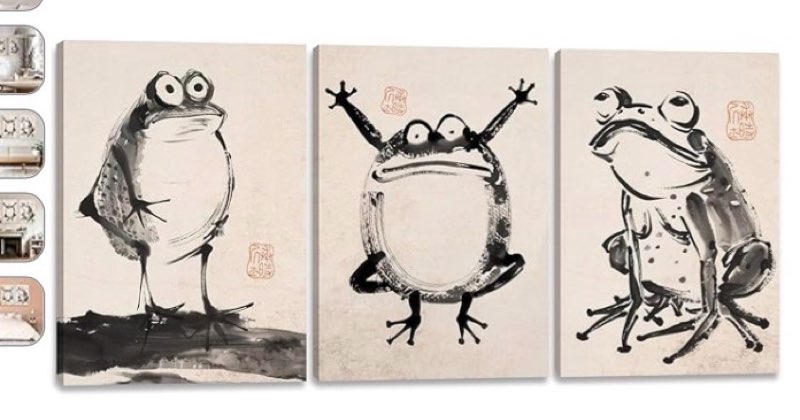 3 pcs 2d no texture japanese ink style canvas wall art watercolor frog painting poster white and bla