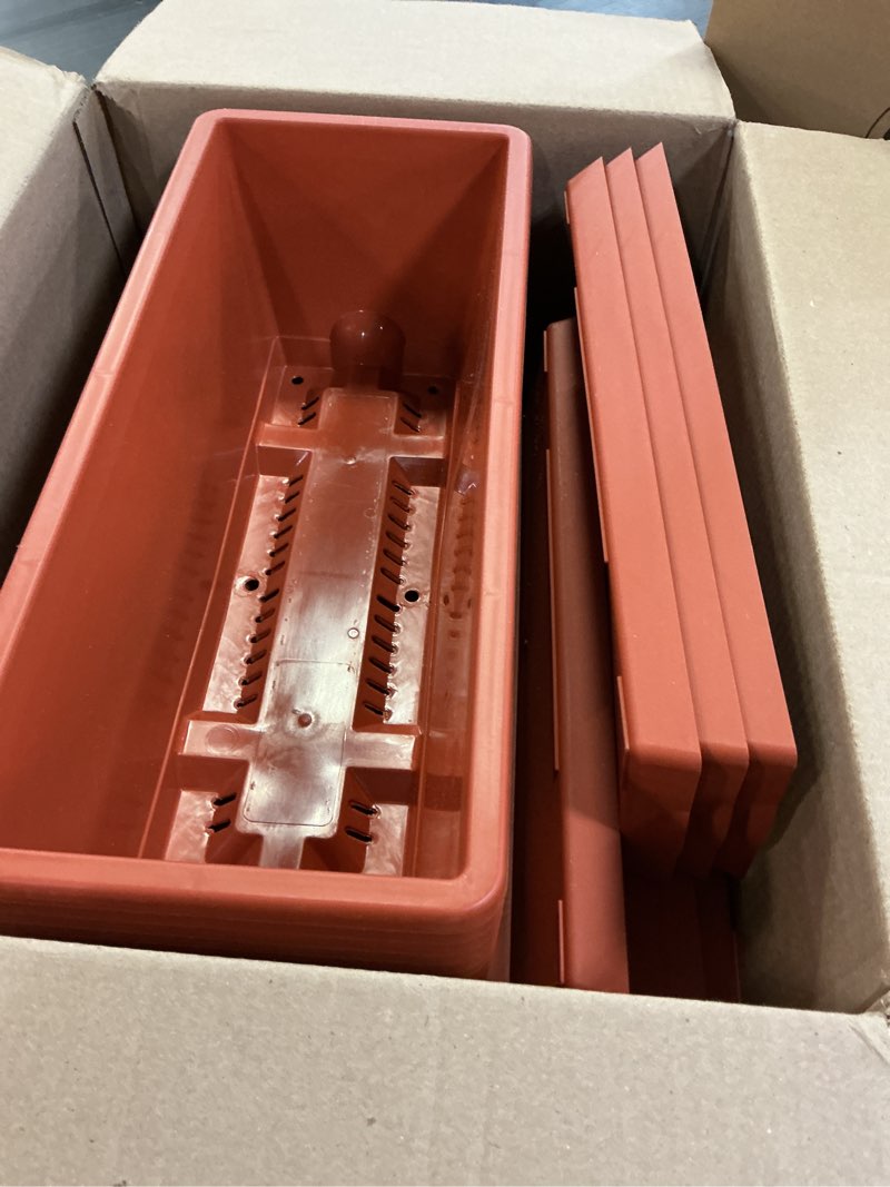 Condition photo showing Good Condition for window box planter, 12 pack plastic vegetable flower planters boxes 17 inches rectangular flower pots with saucers for indoor outdoor garden, patio, home decor (brick red)