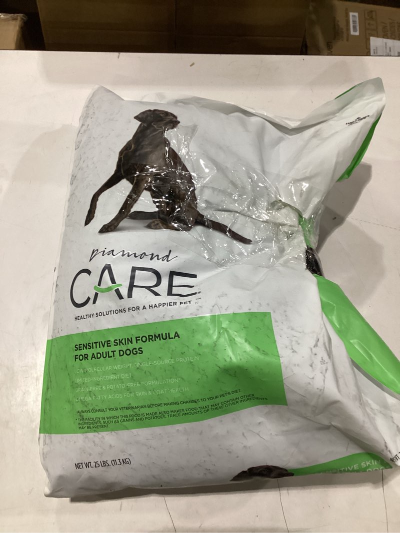 Condition photo showing As Is for diamond care grain-free formulation adult dry dog food for sensitive skin specially, itchy skin or allergies made with hydrolyzed protein from salmon 25lb