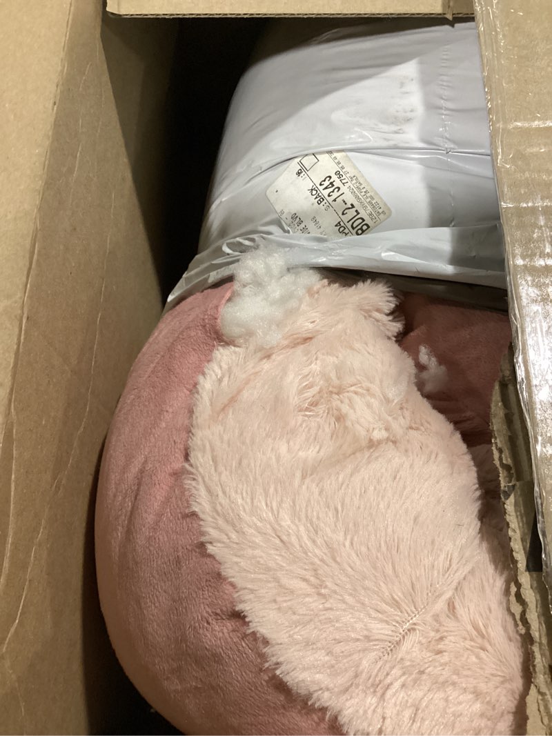 Condition photo showing Good Condition for furhaven 27" round calming donut dog bed for medium/small dogs, washable, for dogs up to 45 lbs - plush velvet waves hooded donut bed - rose pink, medium rose pink medium