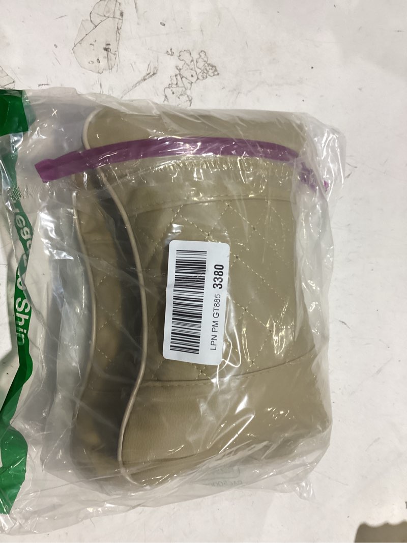 Condition photo showing Good Condition for set of 2 quilted faux leather car headrest pillow, black case/black threading, ergonomic neck support for comfortable driving (tan base/beige thread) tan base / beige thread