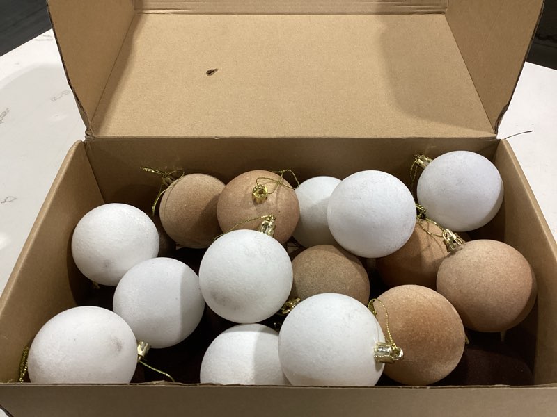 Condition photo showing As Is for 30 Pcs 2.4 Inches Velvet Christmas Ball Ornaments, Shatterproof Brown Khaki Cream White Flocked Bulbs Decorations, Retro Decorative Hanging Plastic Ornaments for Xmas Tree Holiday Party Décor Brown, Khaki, Cream White