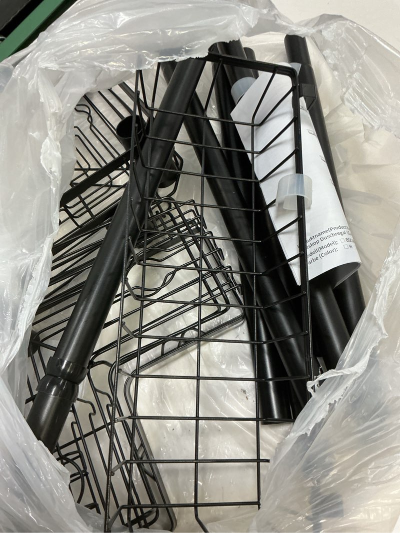 Condition photo showing As Is for Corner Shower Caddy Tension Pole - 4 Tier Stainless Steel Rustproof Shower Corner Caddy for Bathtub Bathroom Shower Organizer Shelves Adjustable Pole 25-114.2 Inch Black Dark Black