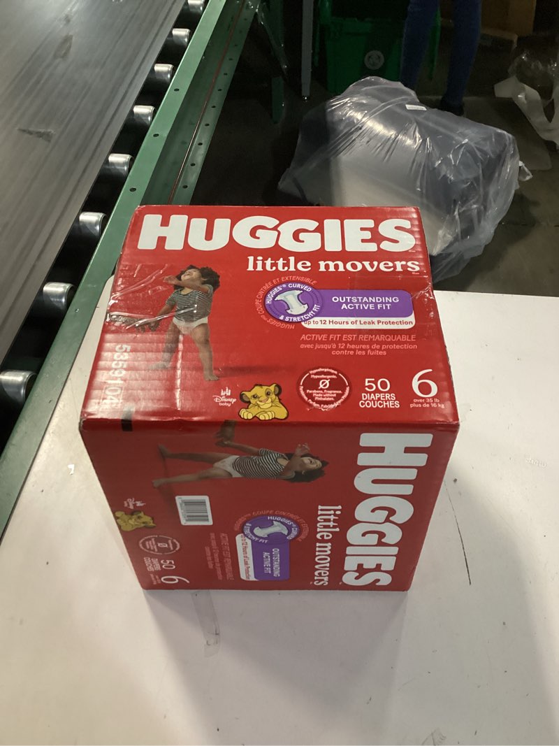 Condition photo showing New/Like New for huggies size 6 diapers, little movers baby diapers, size 6 (35+ lbs), 50 count (2 packs of 25), packaging may vary size 6 50