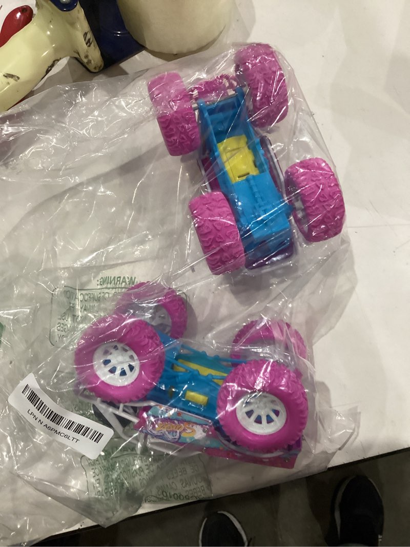 Condition photo showing As Is for Pink Toys Car for Toddler Girl, 2 Pack 6.3 Inch Push and Go Vehicle Monster Toy Trucks for 3 4 5 6 Year Old Kids Gifts, with LED Lights,Music & Sound,Christmas Birthday Valentine's Day Gift for Kids