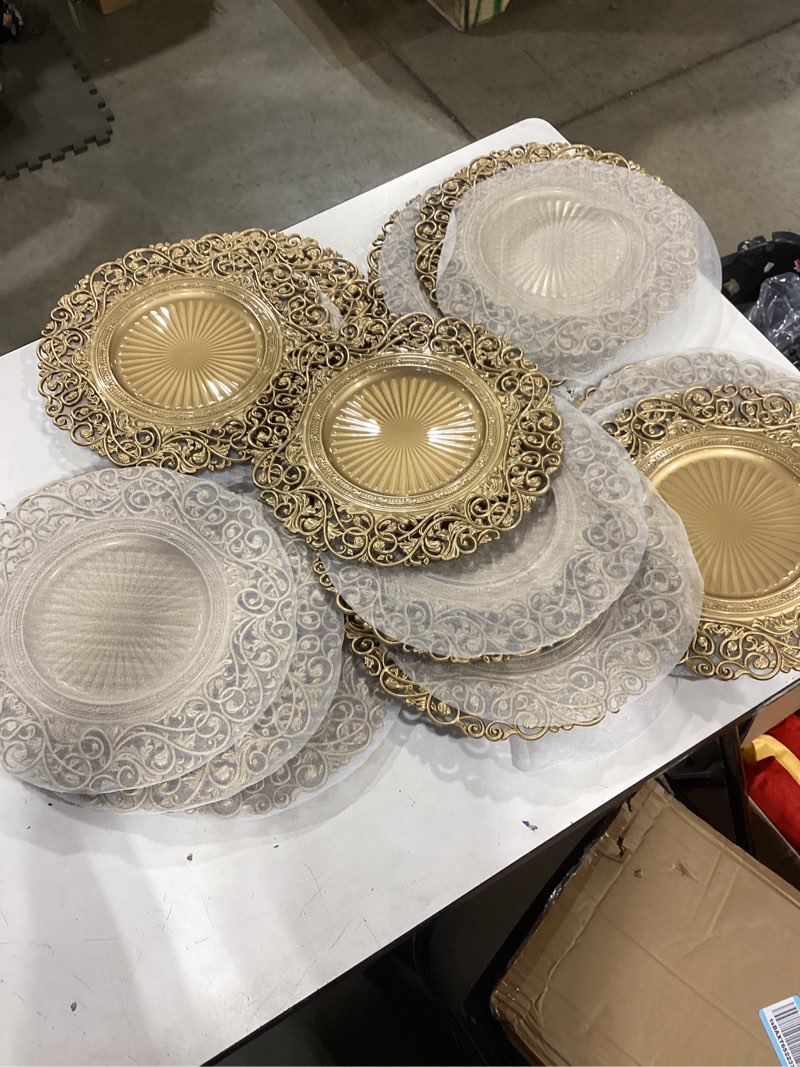 Condition photo showing Good Condition for foraineam gold charger plates set of 12, 13" round plastic dinner chargers, decorative hollowed out flowers serving plates for table setting, catering, wedding, party, event
