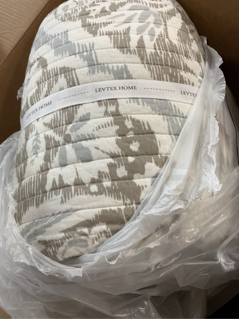 Condition photo showing Good Condition for Levtex Home - Becker Taupe Quilt Set - King Quilt and Two King Shams - Ikat - Taupe, Grey and Cream - Quilt (106x92in.) and Shams (20x36in.) - Reversible - Cotton Quilt - King/Cal King Taupe