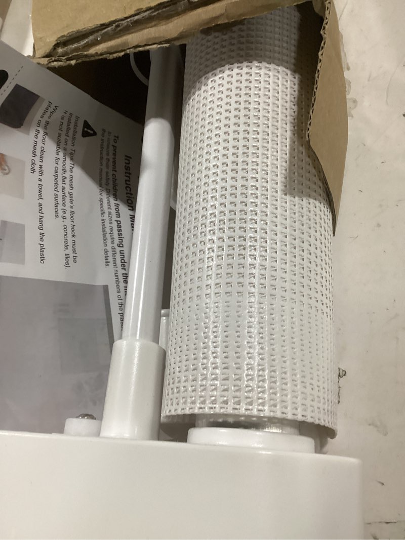 Condition photo showing Good Condition for Retractable Baby Gate for Stairs, 55" Wide Mesh Dog Gate Indoor, 34'' Tall Child Gate for Doorways, Hallways, Deck, Indoor Outdoor Pet Baby Safety Essentials for Home, White White 34'' Tall x 55'' Wide