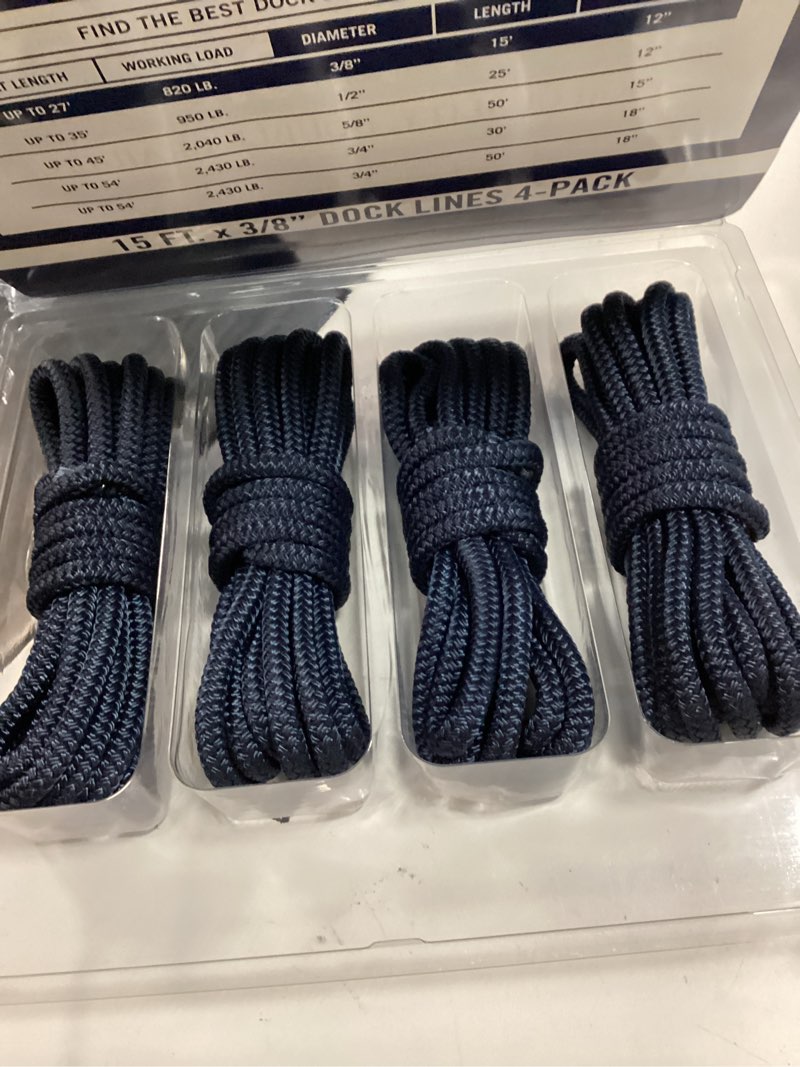 Condition photo showing New/Like New for rainiersupplyco dock lines 1, 2 & 4 pack - boat rope for docking with loop - premium double braided nylon marine rope - mooring line with eyelet - boat accessories 15' x 3/8" (4 pk) navy blue