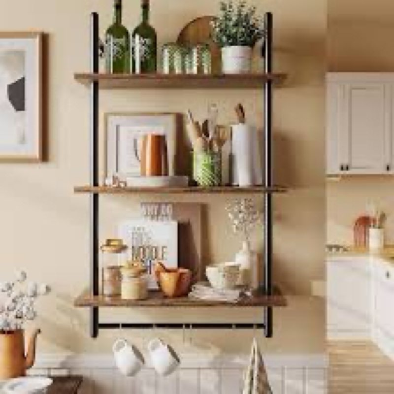 Industrial Pipe Shelf 3 Tier Wall-Mount for Kitchen Bedroom