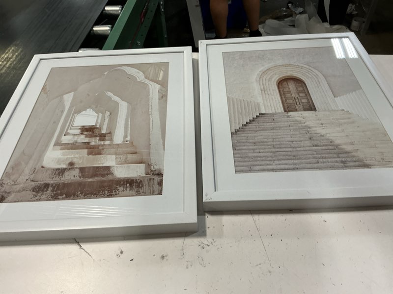 Condition photo showing As Is for set of 2 rustic door framed wall art prints white frames 12.8x16.7 hobby lobb ( similar
