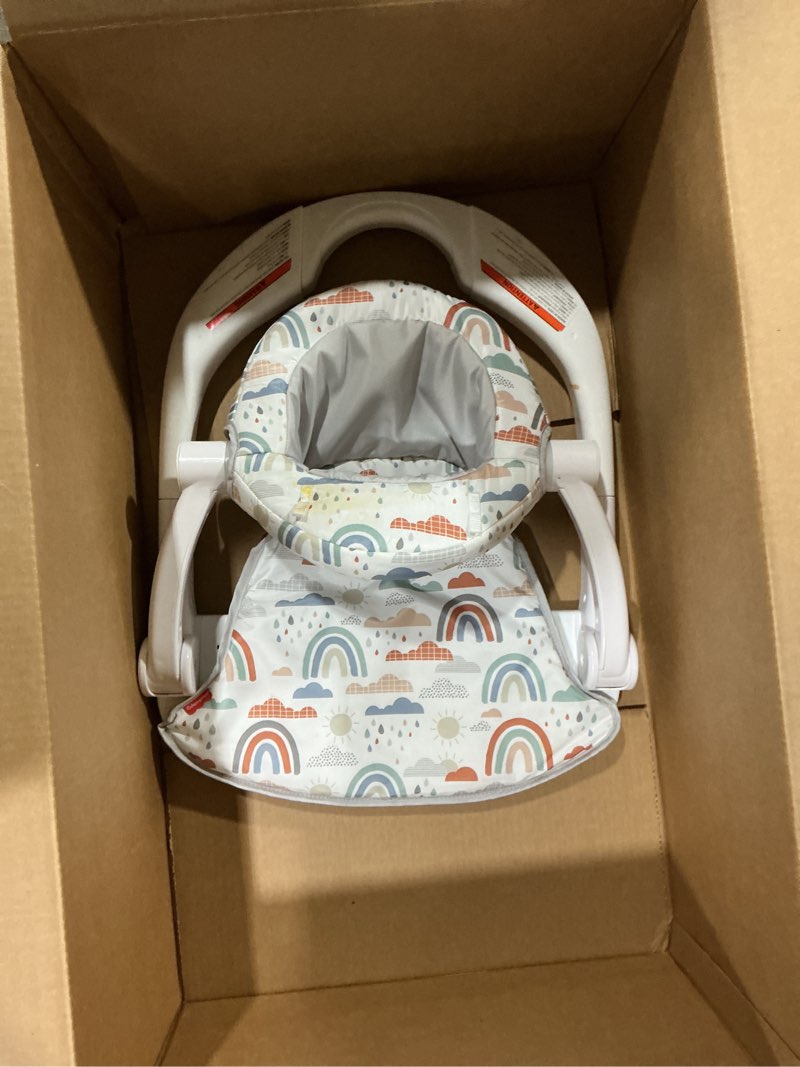 Condition photo showing Good Condition for Fisher-Price Portable Baby Chair Sit-Me-Up Floor Seat with Developmental Toys & Machine Washable Seat Pad, Rainbow Showers 1 Count Rainbow Showers