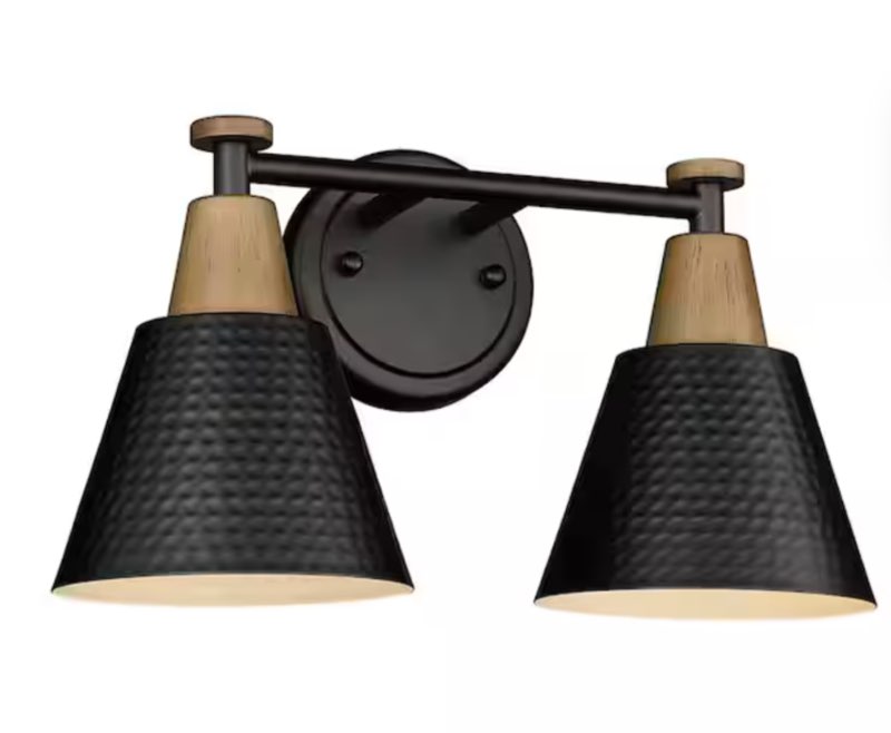 Modern 14.8 in. 2-Light Wall Sconces Black Bathroom Light Fixtures Vanity Light with Hammered Metal Shade (1-Pack