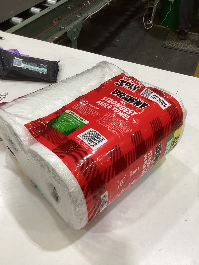Condition photo showing As Is for brawny tear-a-square 3-ply paper towels, 2 triple rolls = 6 regular rolls, strong, absorbent, and durable with 3 sheet sizes (quarter, half, full) triple 2 triple rolls