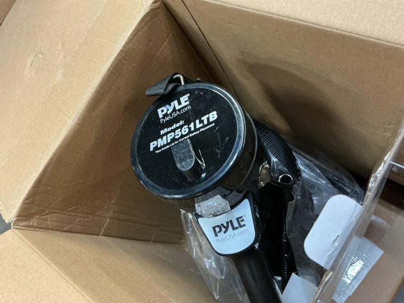 Condition photo showing As Is for pyle portable compact pa megaphone speaker with alarm siren & adjustable volume - 50w handheld lightweight bullhorn - with mic, aux in for mp3, 1200 yards range, rechargeable battery