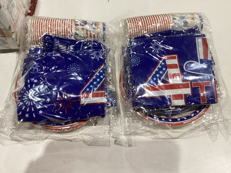 Condition photo showing New/Like New for Similar. 132PCS Patriotic Party Supplies, American Flag Themed Party Set with Plates Napkins Fork Tablecloth Red White Blue Paper Fans Star Streamer for Veterans Day Election Day 4th of July Independence Day