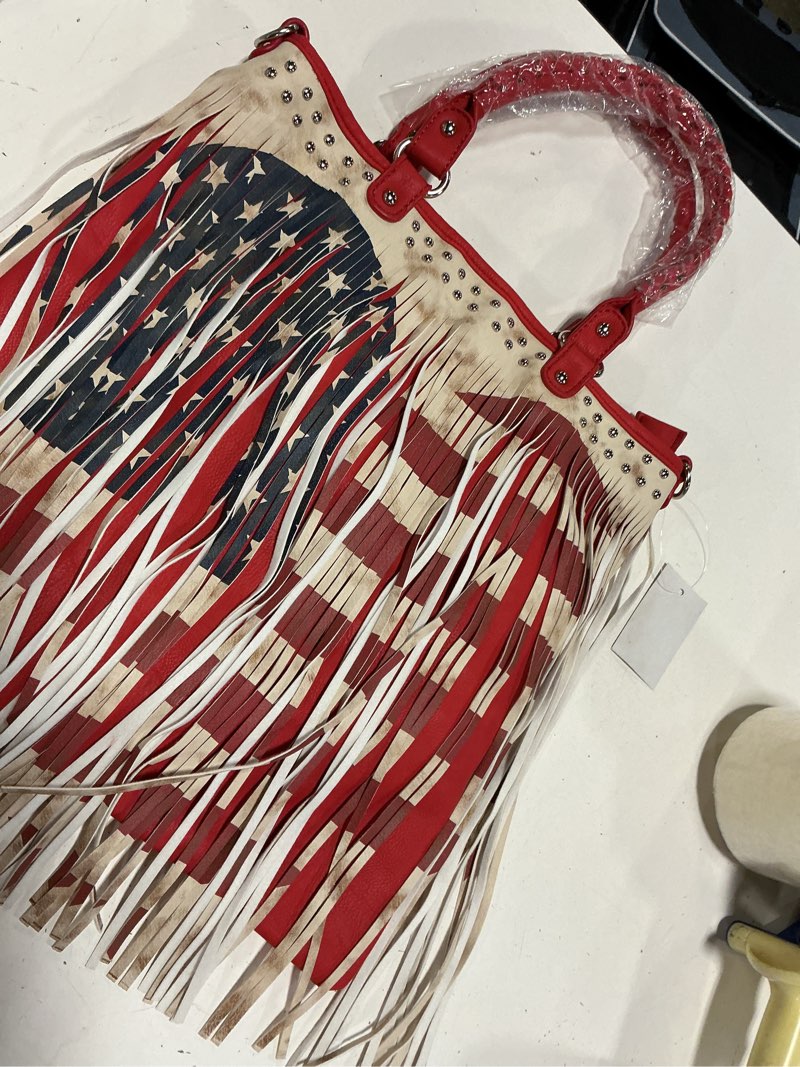 Condition photo showing Good Condition for fringe american flag tote bag - by montana west