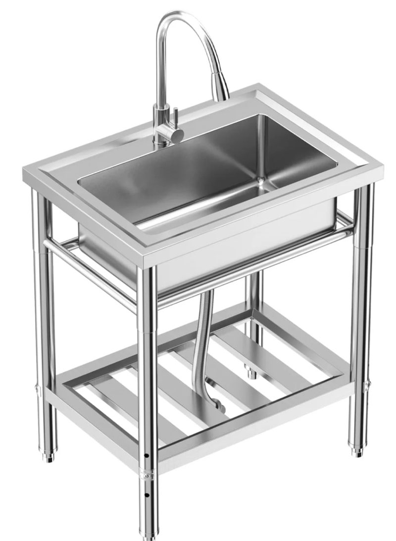 Garvee 28\"W x 20\"D x 34\"H Freestanding Stainless Steel Single Bowl Kitchen Sink - 360° Rotating Faucet, Storage Shelf, Adjustable Legs, and Hot & Cold Hoses for Commercial Use INCOMPLETE 