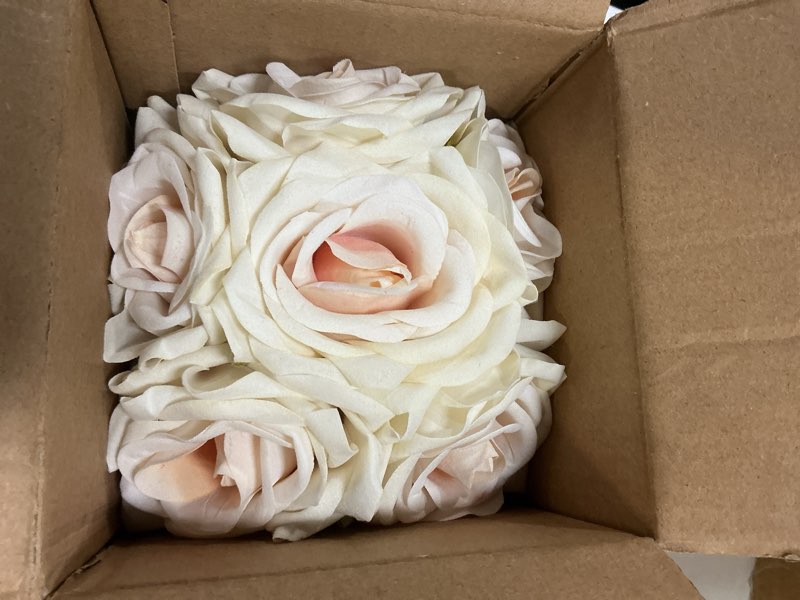 Condition photo showing Good Condition for fule artificial silk rose flower centerpiece arrangement in glass vase with led light for home wedding decoration (champagne)