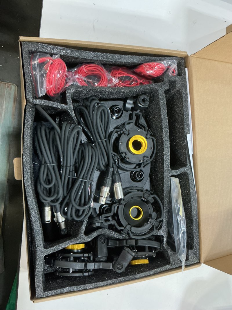 Condition photo showing New/Like New for podcast equipment bundle for 4, audio interface with 4 dynamic microphone, 4 desktop mic stands, voice change, dj mixer for vocal recording podcasting,streaming,singing tiktok, commander m100 3rd hs-m100-4d