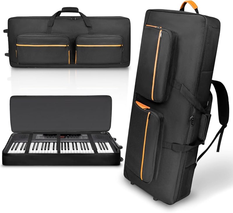 ORKELS 61-Key Keyboard Case with Wheels & Adjustable Shoulder Straps– Padded Rolling Gig Bag with 4 