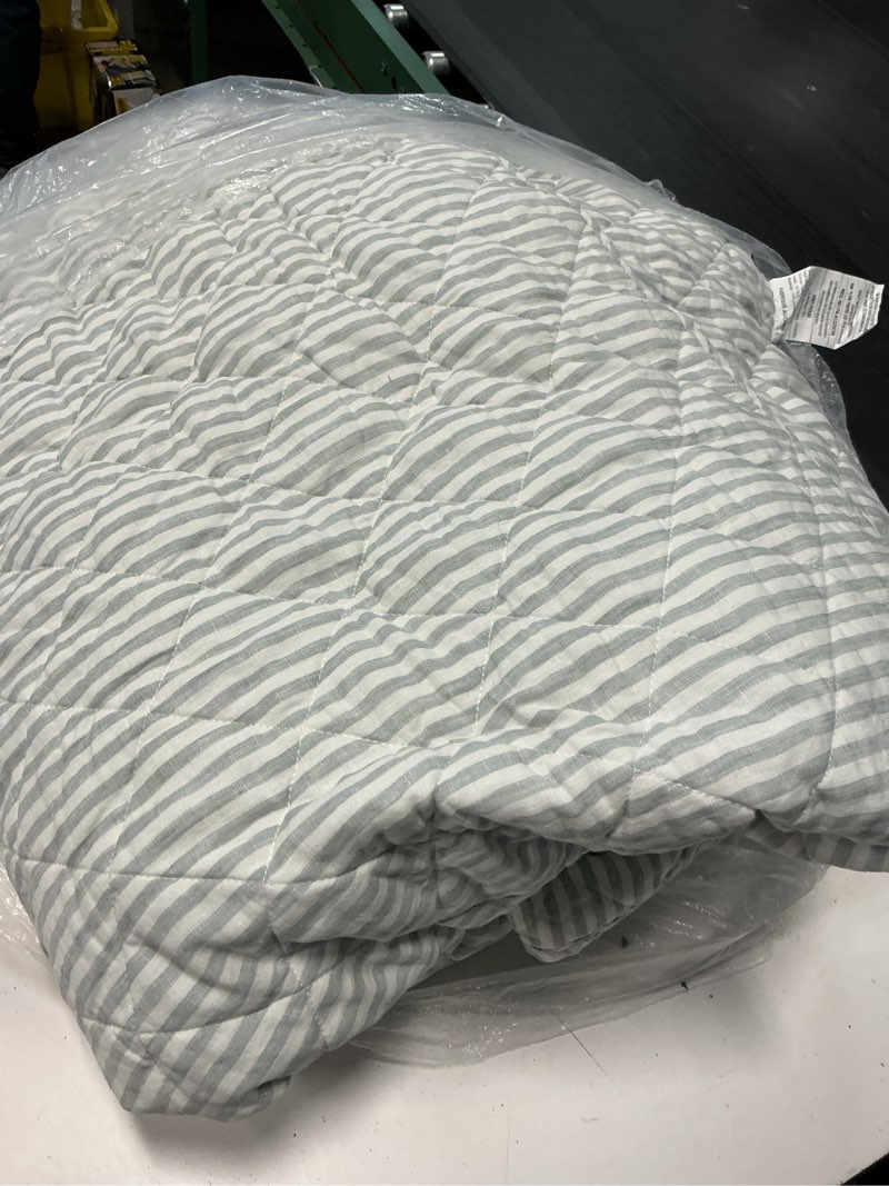 Condition photo showing As Is for european linen stripe quilt, king/cal king, mist/white stripe
