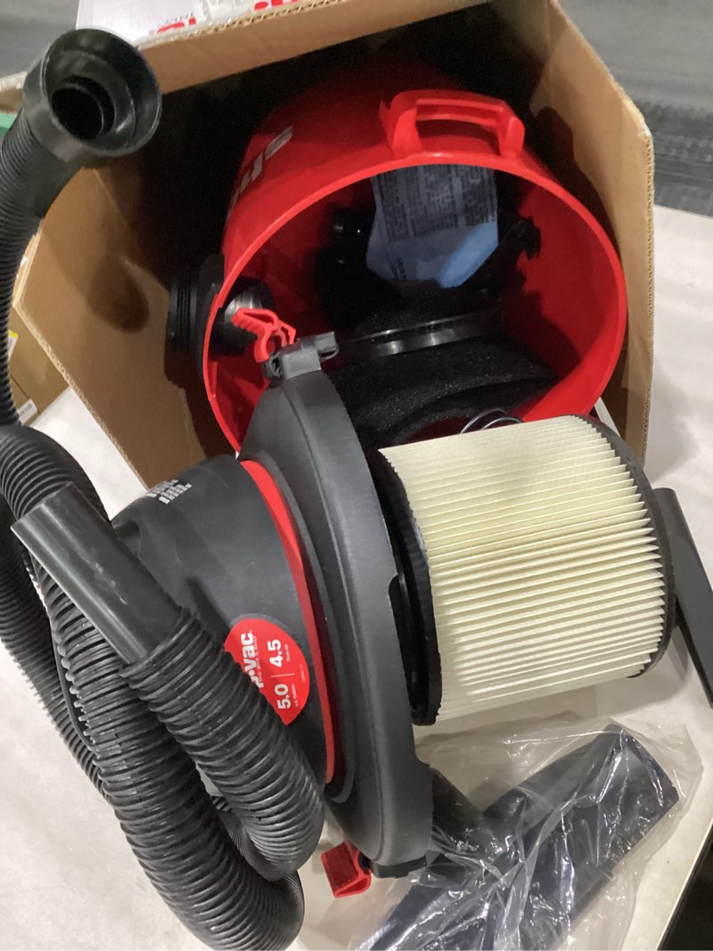 Condition photo showing As Is for *not tested* Shop-Vac 5 Gallon 4.5 Peak HP Wet/Dry Vacuum, Portable Heavy-Duty Shop Vacuum 3 in 1 Function with Attachments for House, Garage, Car & Workshop, 5971536 Red/Black