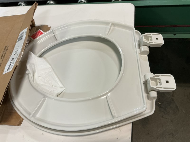 Condition photo showing As Is for mayfair caswell modern slow close toilet seat, durable plastic seat, made in usa, round, white round 1 seat