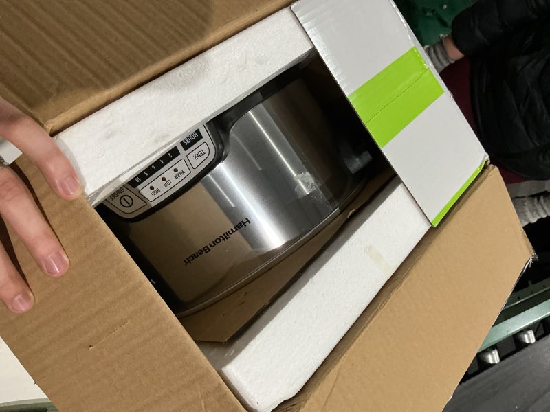 Condition photo showing As Is for hamilton beach 4 quart programmable slow cooker with flexible easy programming, 5 cooking times, dishwasher-safe crock & lid, silver (33443) 4 quarts
