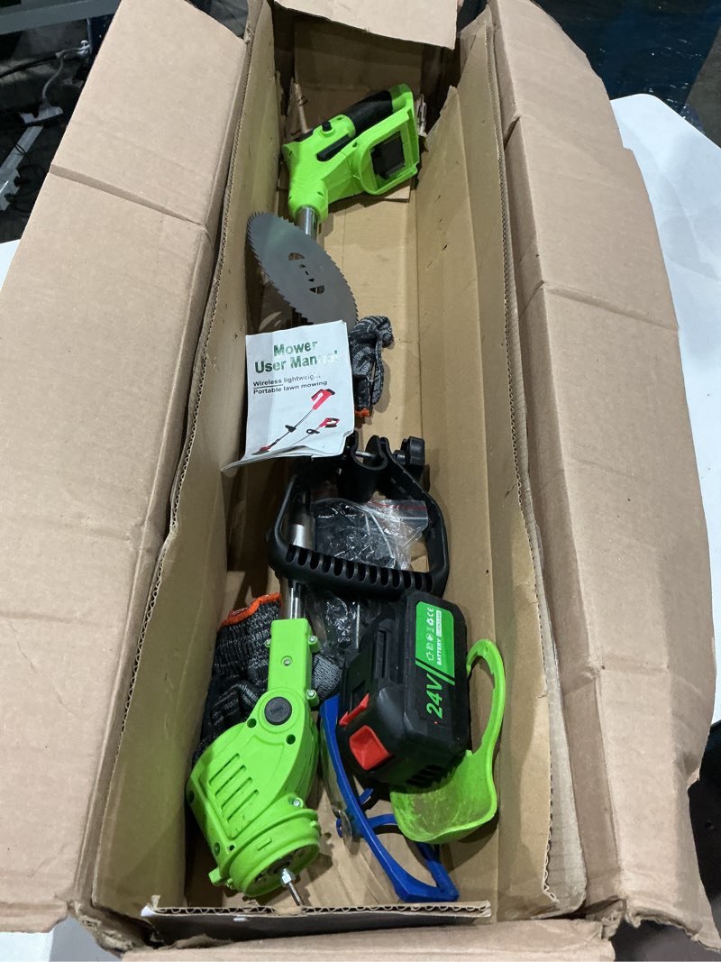 Condition photo showing As Is for electric weed wacker - cordless weed electric eater, 4in1 brush cutter with 2 x 24v 4.0ah batteries & charger, battery powered grass trimmer with adjustable shaft & head for yard and lawn care