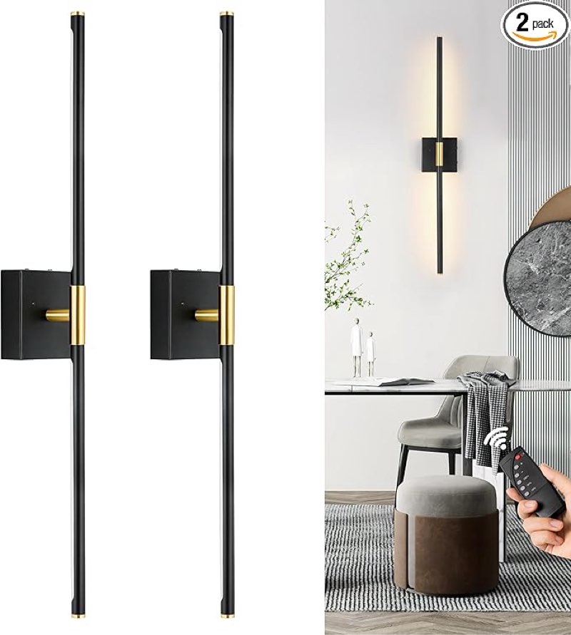 Sconces Set of Two, Dimmable Wall Sconces with Remote Control, Black Gold